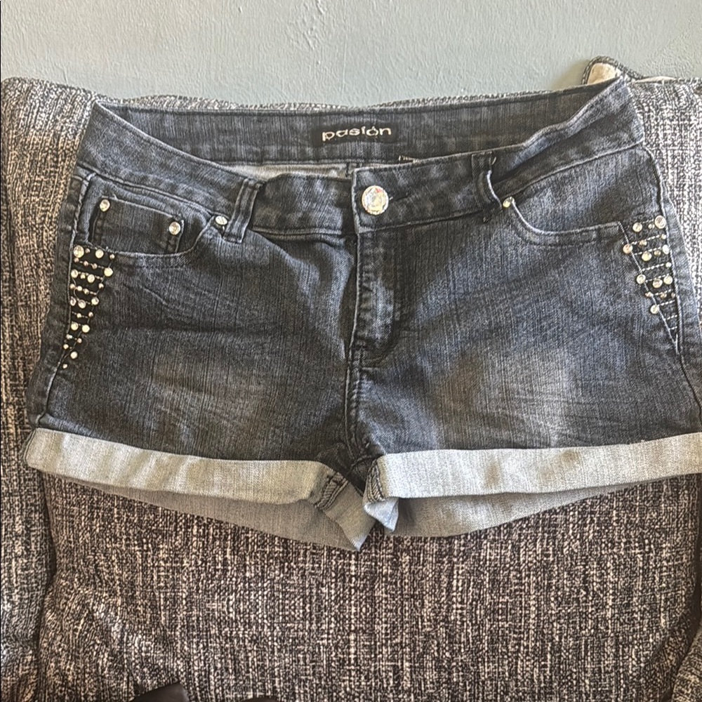 Blue and Silver Jean Shorts with Studded Embellishments